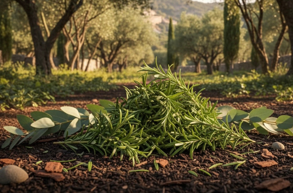 Stack of green leaves on a forest floor with trees and mountains in the background